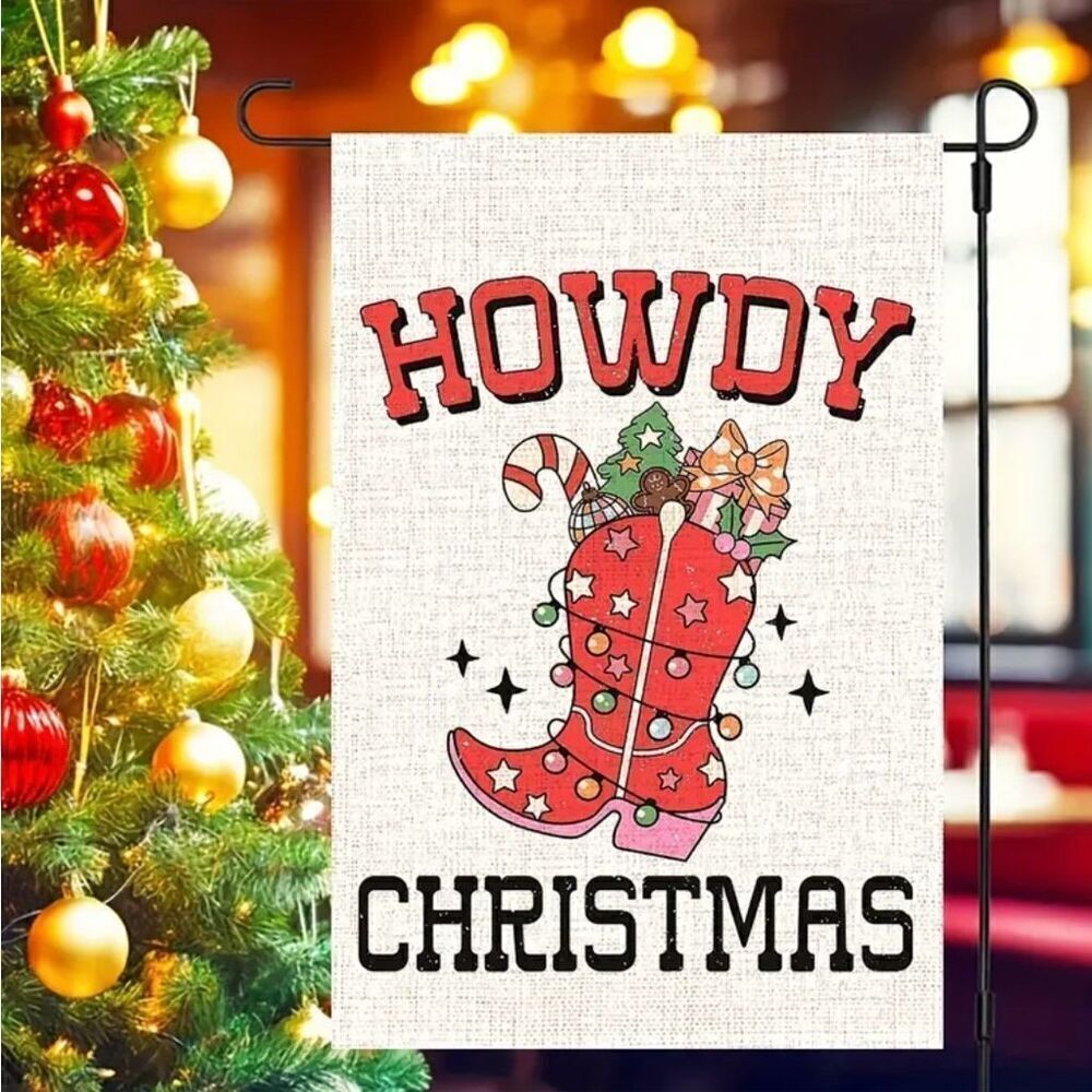 Howdy Merry Christmas Western Boots Rustic Garden Flag Decoration New